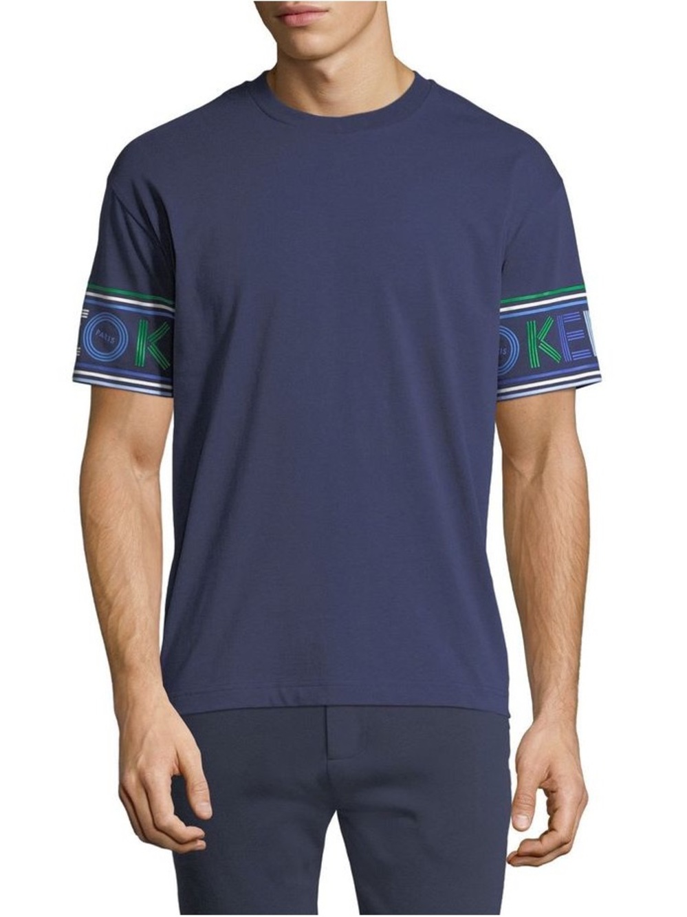 Kenzo Men’s Navy Tee with Green & Blue Logo Sleeve Bands